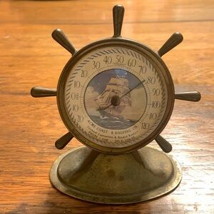 Vintage 40’s nautical ship wheel brass desk advertising thermometer